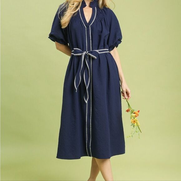 Umgee Women's Quite Luxury Ruffle Collar Belted Midi Dark Blue Dress Stripe Trim - Picture 2 of 5